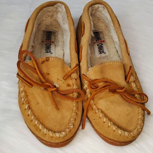 Minnetonka Leather Pile Lined Hard Moccasin Slipper Leather Laces Womens 5 - Picture 4 of 15